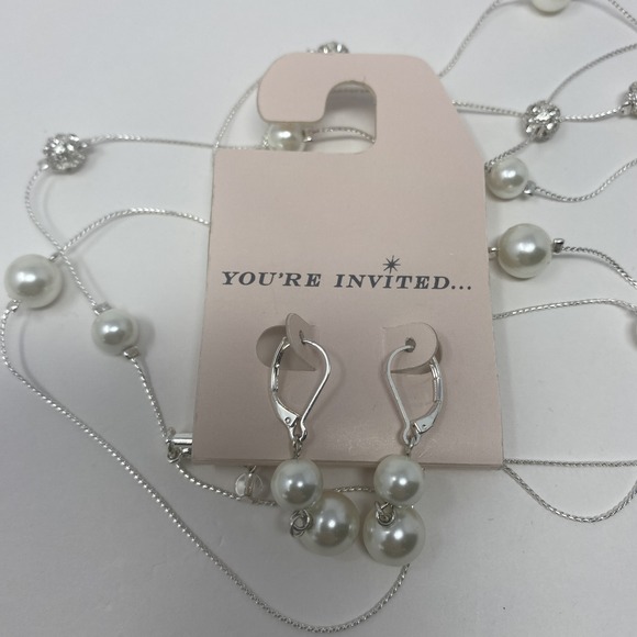 You're Invited Silver Tone Faux Pearl & Crystal Ball Long Layered Necklace - Picture 2 of 4